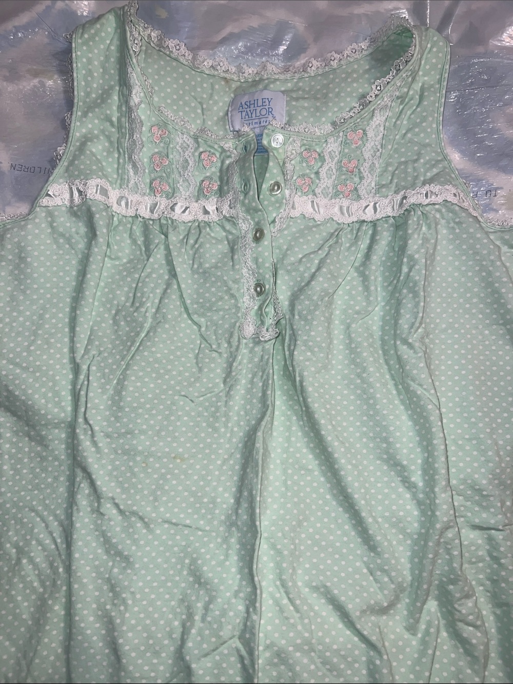 Ashley Taylor Vintage Mint Green Polka Dot Sleeveless Nightdress with Lace